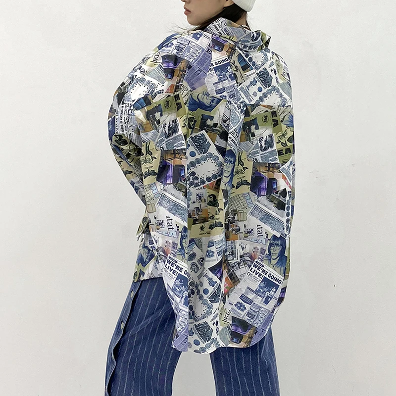 

SHENGPALAE Personality Printed Blouse Women's Spring 2021 New Lapel Large Size Single Breasted Long Sleeve Shirt Female Trendy