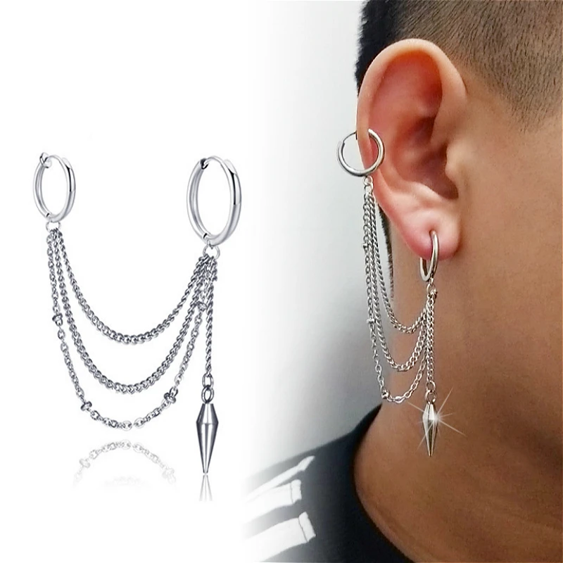 

Rock Punk Tassel Chain Cone Stainless Steel Circle Earrings For Men Silver Color Trendy Korean Fashion Party Hip Hop Jewelry 1pc