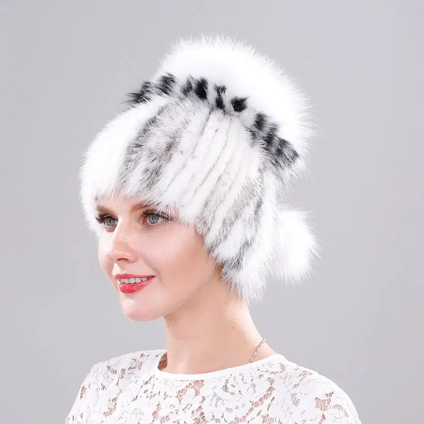 Real Mink Fur Hat for Women Winter Fur Beanies with Pompom Autumn Cap Female Genuine Fur Knitted Hats Bonnets for Women Designer