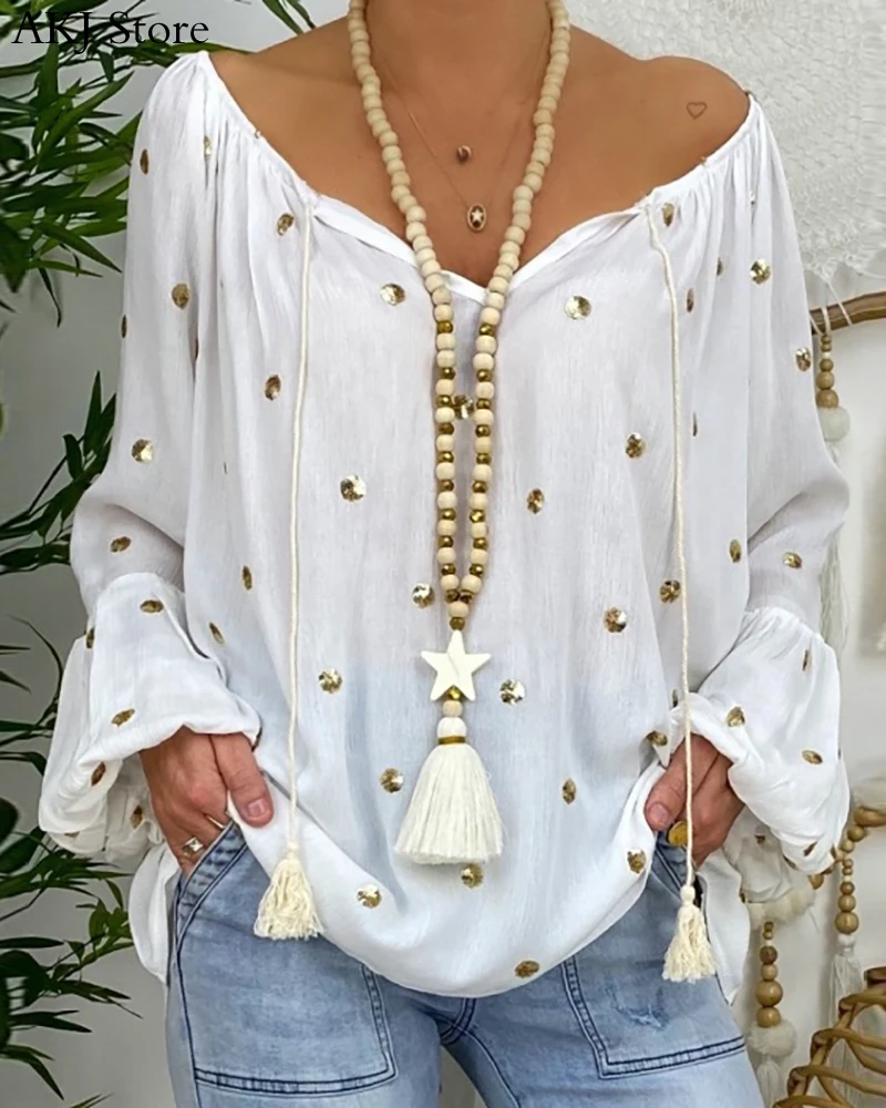 

Women Autumn Winter Long Sleeve V Neck Lantern Sleeve Tassel Polka Dot Tassel Design Lantern Sleeve Casual Top