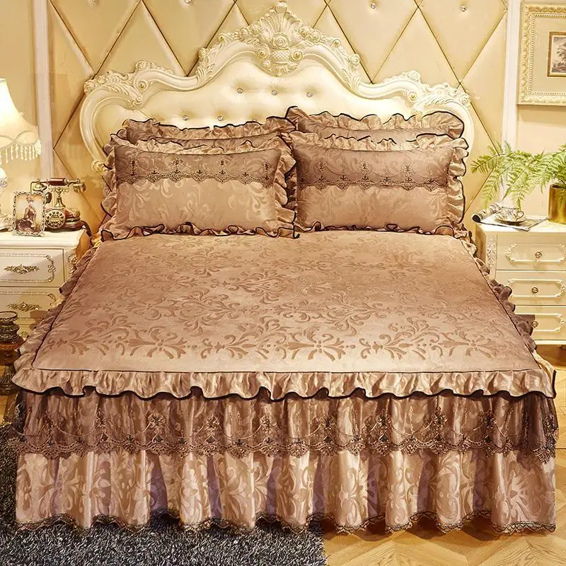 

Classical Luxury Lace Ruffle Bed Skirt Home Textile Bedding 3pcs/set(1Bed Skirt + 2pcs Pillowcase)Bed Sheet King Bedspread F0581