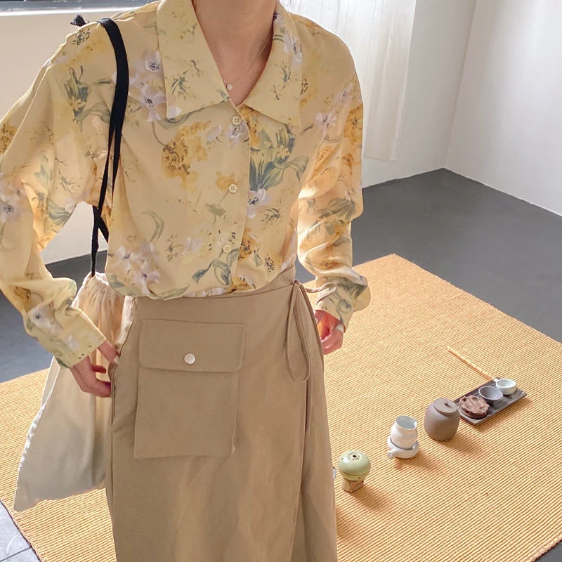 BGTEEVER Yellow Chiffon Blouses for Women Single-breasted Loose Floral Print Shirts Tops Female 2020 Causal Spring Femme | Женская