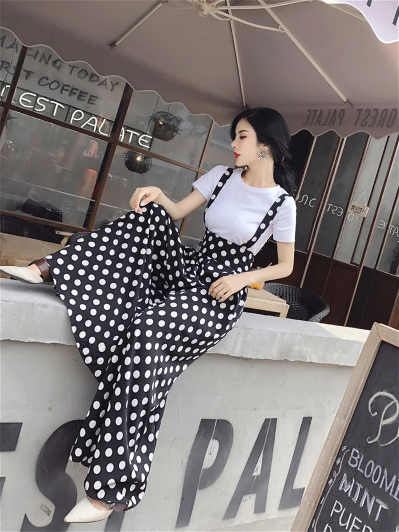 Летние модные шифоновые широкие брюки с открытой спиной и принтом в горошек