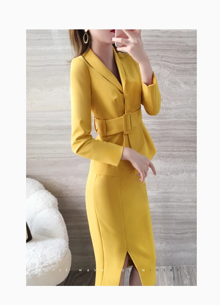 2019 осень зима новый корейский красный тонкий пиджак в деловом стиле + юбка