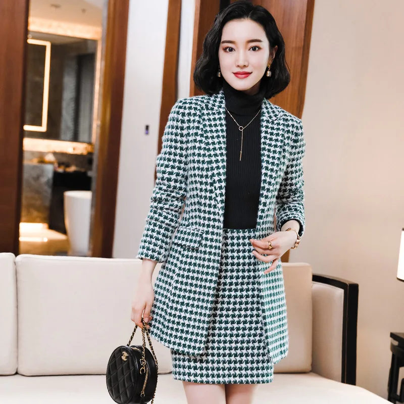 Костюм женский в клетку с юбкой модный костюм западном стиле большим рисунком