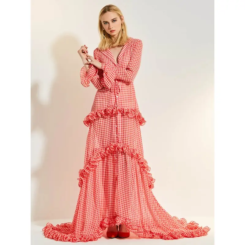 Женское Повседневное платье макси элегантное красное свободное клетчатое с