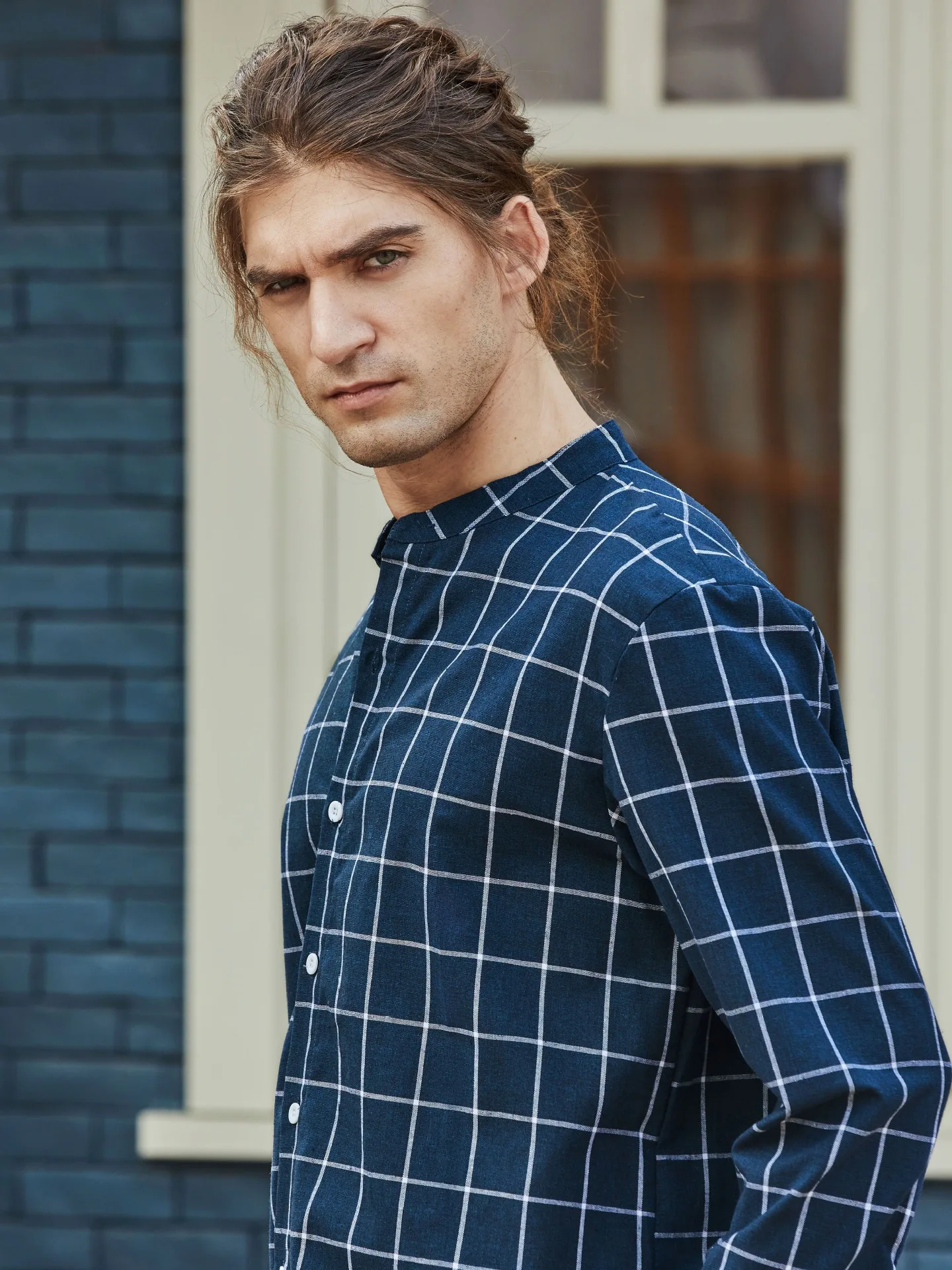 Рубашка мужская в клетку с круглым вырезом на пуговицах|Повседневные рубашки| |