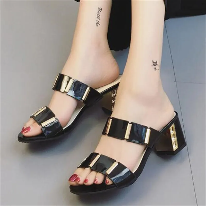 

women sandals PU Slip On 5.5CM Thick heel High heels Round Toe Shallow women shoes sandalias mujer 2020 size 35-42 black white