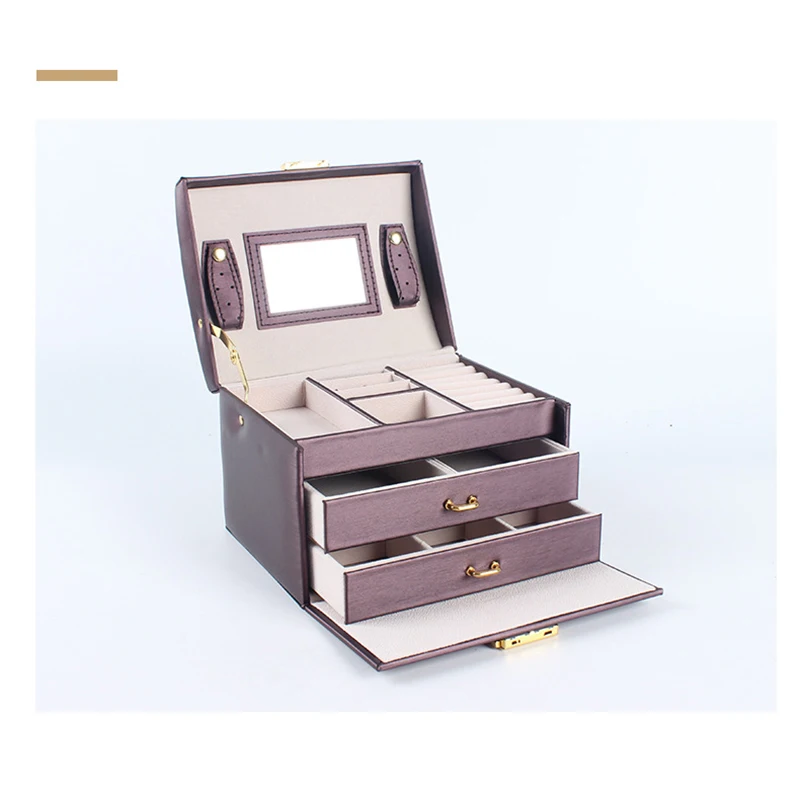 2020 new three-layer drawer type jewelry box portable leather jewelry storage box ring earrings watch storage box