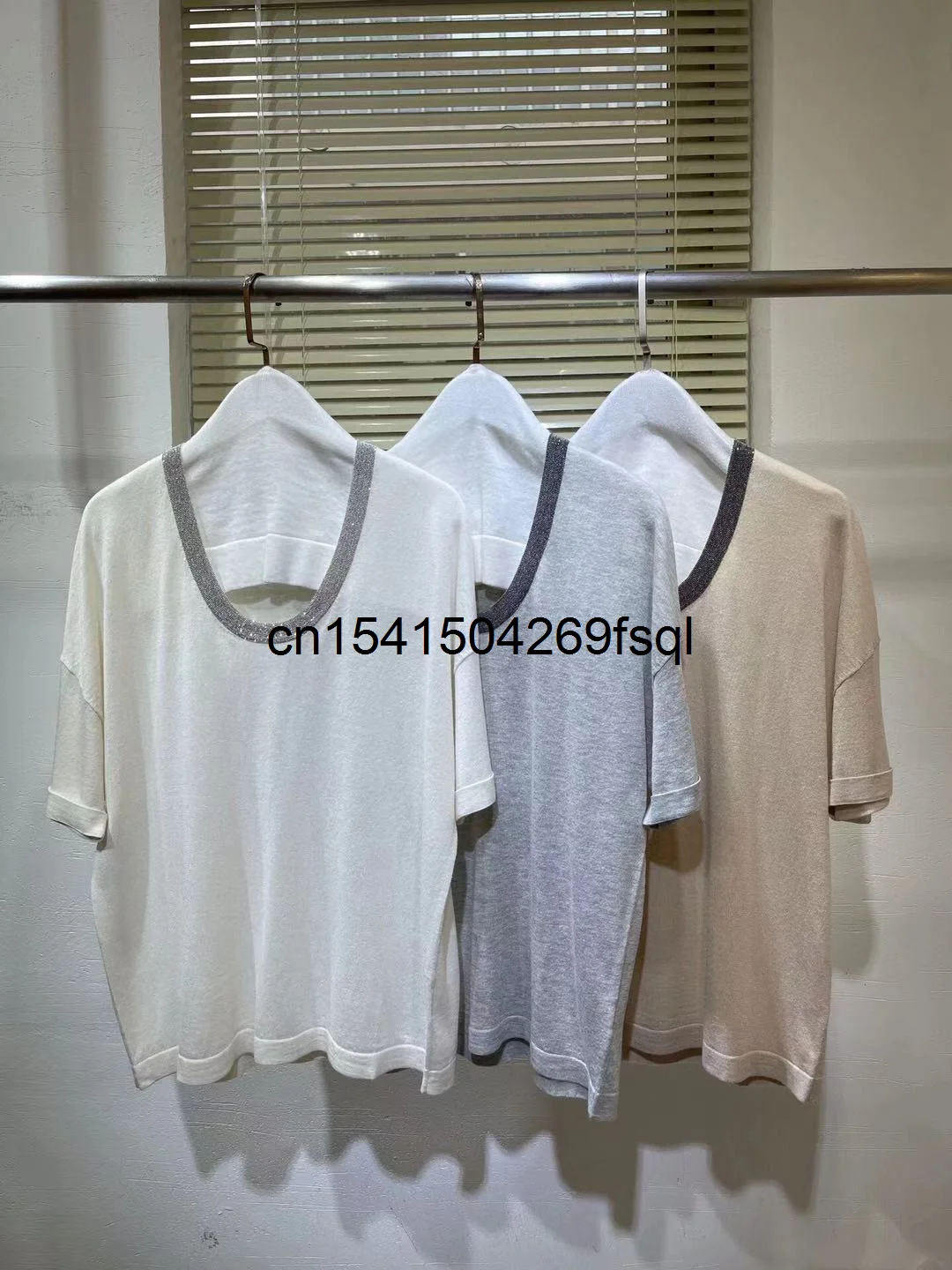 

Женская футболка с коротким рукавом, свободная футболка с воротником и бисером, лето 2021