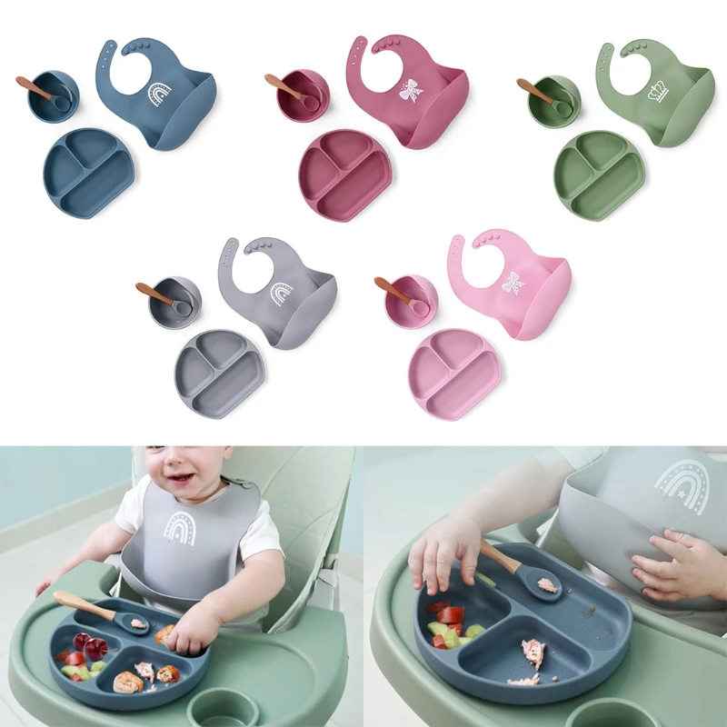 

4Pcs Baby Food Grade Silicone Waterproof Bibs+Suction Dinner Plate+Bowl+Spoon Set Newborn Infants Feeding Burp Cloth