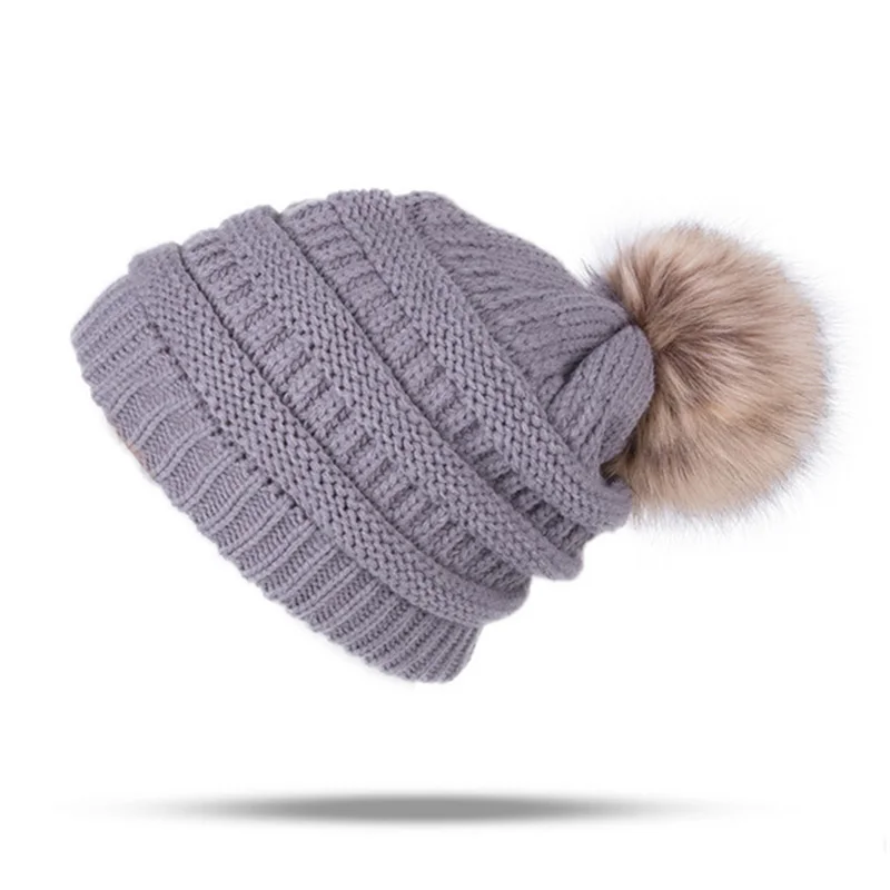 Женская теплая вязаная шапка CC Beanies, шапка из искусственного меха с помпонами, толстая женская шапка Skullies Skully, Женская Повседневная Лыжная Шапка s - Цвет: Grey