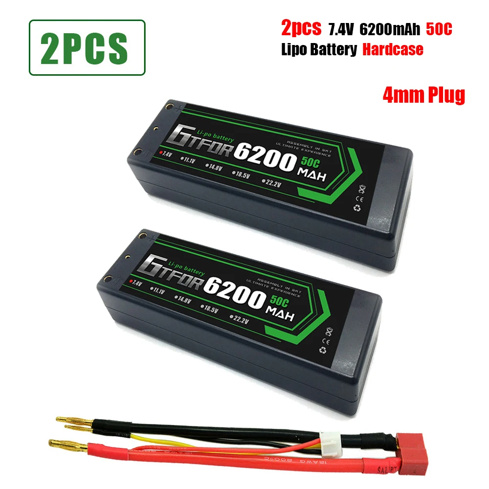 

GTFDR 6200mAh 4mm Lipo Battery 7.4V 50C/100C 2S LiPo RC Battery Deans XT60 EC5 for RC Evader Car Truck Truggy Buggy Helicopter
