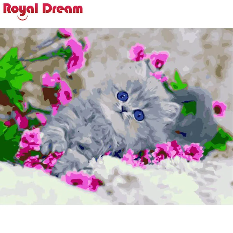 Розовые цветы и кошка Сделай Сам Картина маслом по номерам стены Искусство акрил