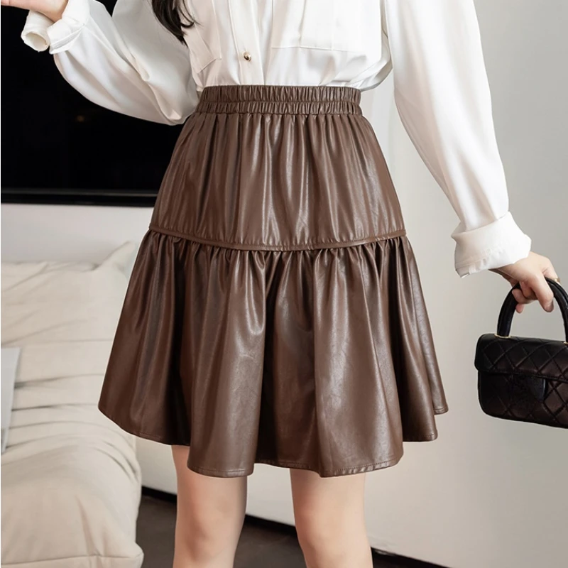 

Autumn Winter PU Leather Pleated Short Skirt High Waist Solid Coffee Black Patchwork A-line Mini Skater Leather Skirts
