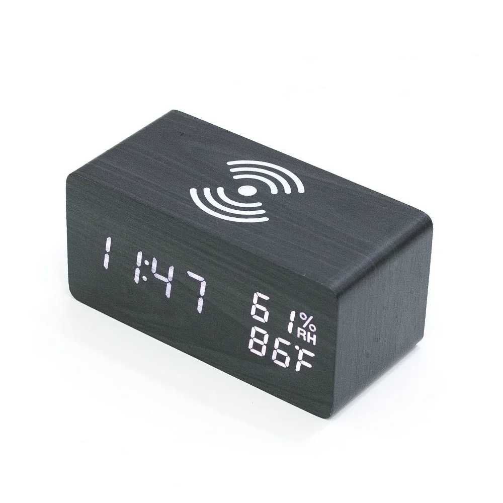 Деревянный цифровой будильник с беспроводным зарядным устройством настольные