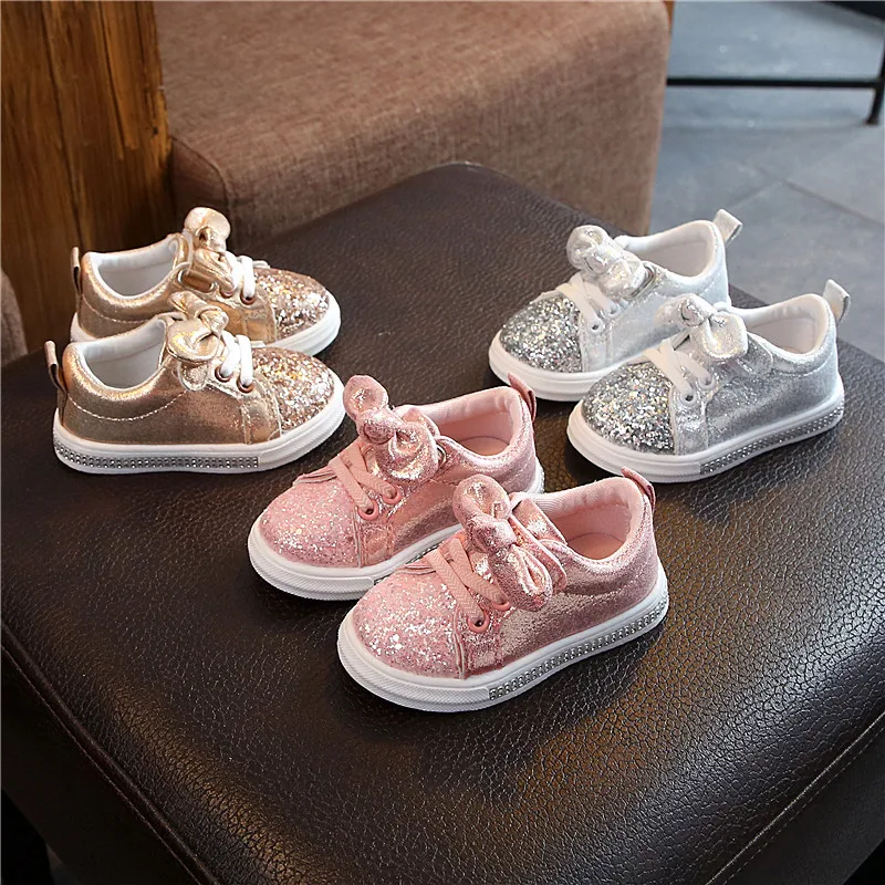 

2020 Kids Shoes For Girls Children Casual Shoes Baby Girls Sneaker Bow-knot Glitter Leather Toddler Princess Shoes Pink Spring