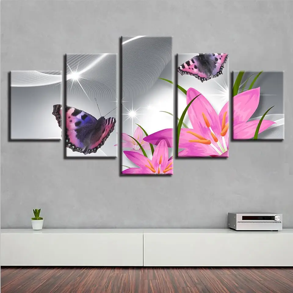 

Home Decor Office Frame Wall Artwork Poster Modern Canvas 5 Pieces Butterfly Flower HD Printed Modular Scenery Pictures Painting