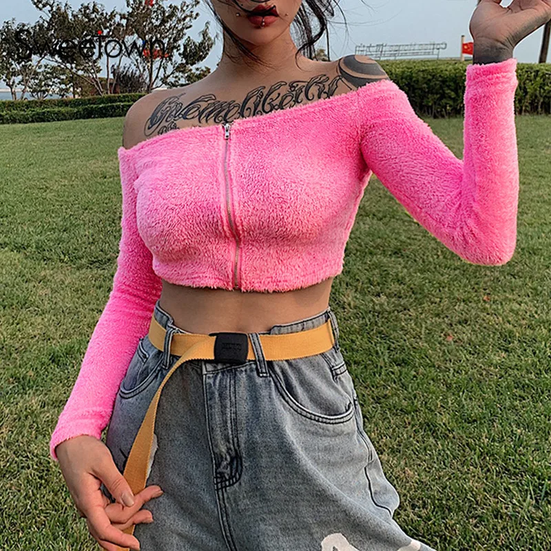 Sweetown 2019 Сезон осень Популярные модели Модные плюшевые футболки женская уличная