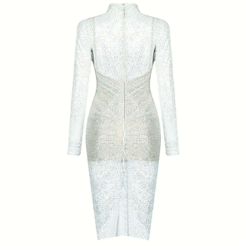

Ailigou 2020 Women Dress Long Sleeves Turtleneck Mesh Dress Celebrity Party Bandage Sequins Dress Vestidos