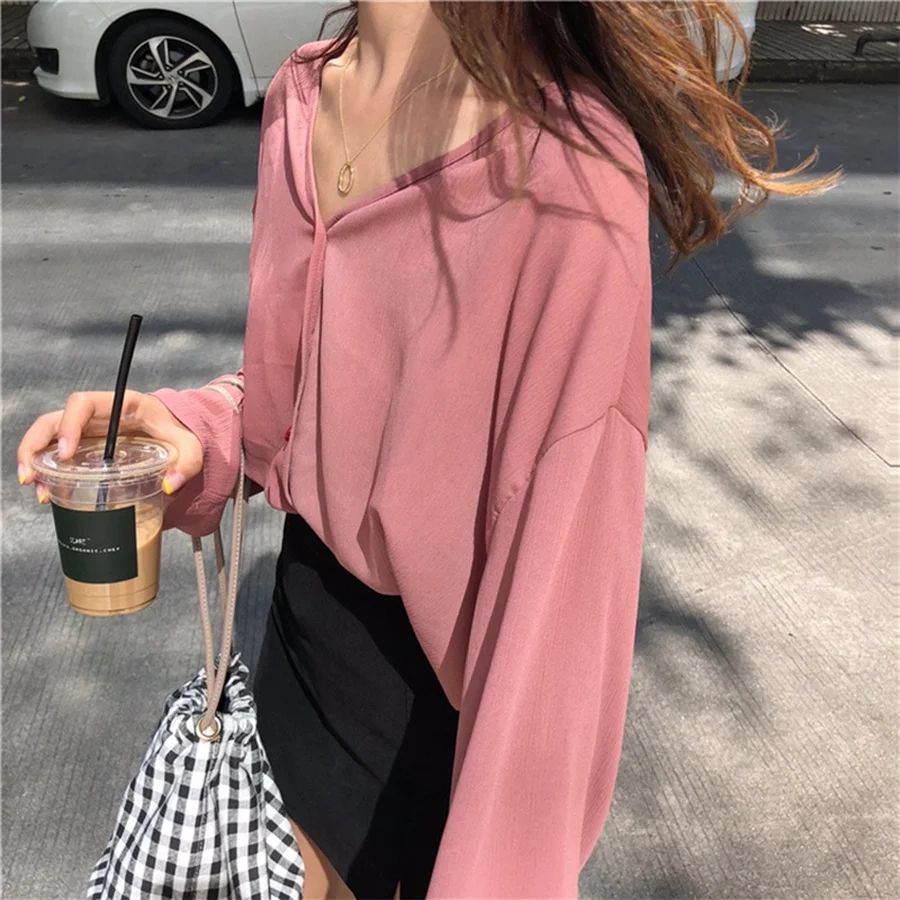 Женская блуза на пуговицах DISWEET повседневная однотонная с длинным рукавом и v