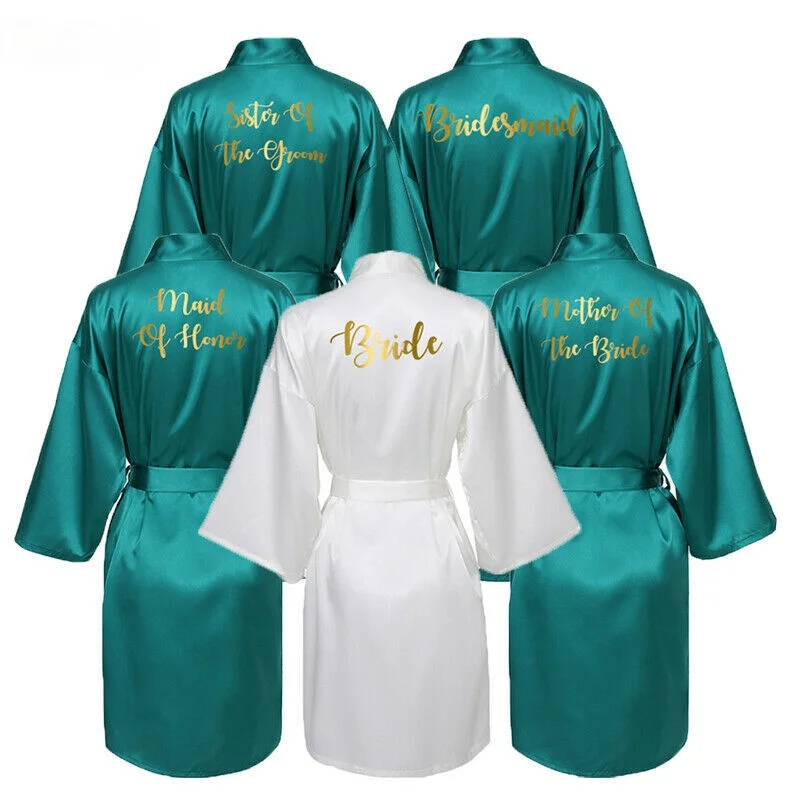 Silk Satin Robe Bride Robe Bridesmaid Robes Women Wedding Robes Bridal Robe Team Bride Bathrobe Green Gold Text