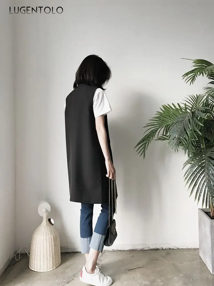 

Women Vest Autumn Simple Slim Temperament Black Solid Medium Long V-neck Casual Sleeveless Simple Pocket Vest Coats Lugentolo