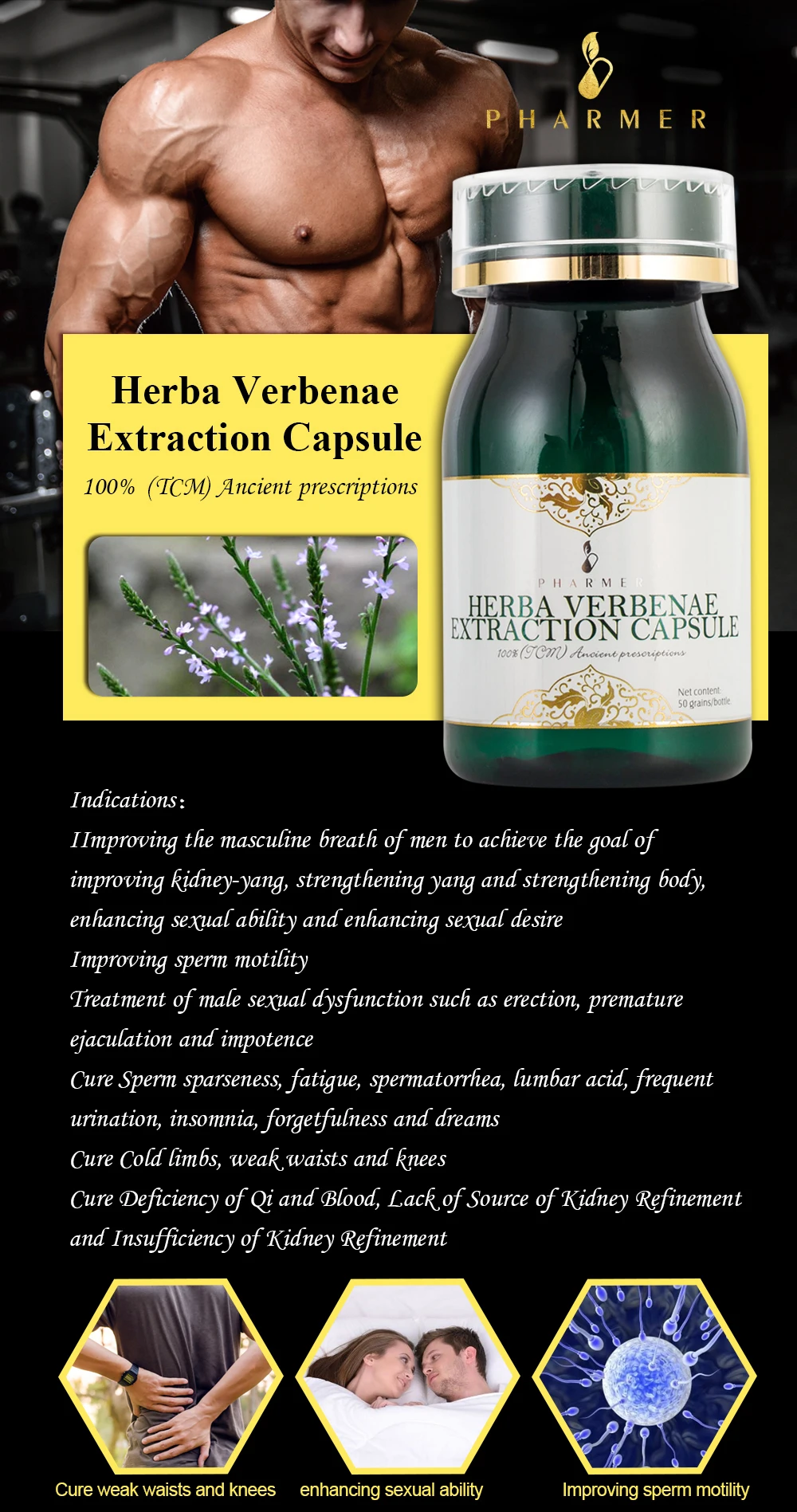 Pharmer Herba Verbenae Extraction Capsule, strengthening yang and body, enhancing sexual ability, Improving sperm motility 50pcs