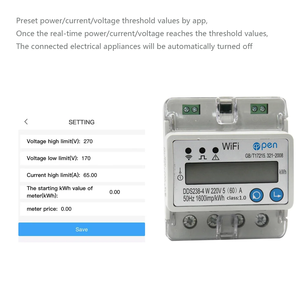 

r 5(60)A 110V 230V 50HZ 60HZ Single phase Din rail over and under voltage current protection RS485 WIFI smart energy mete