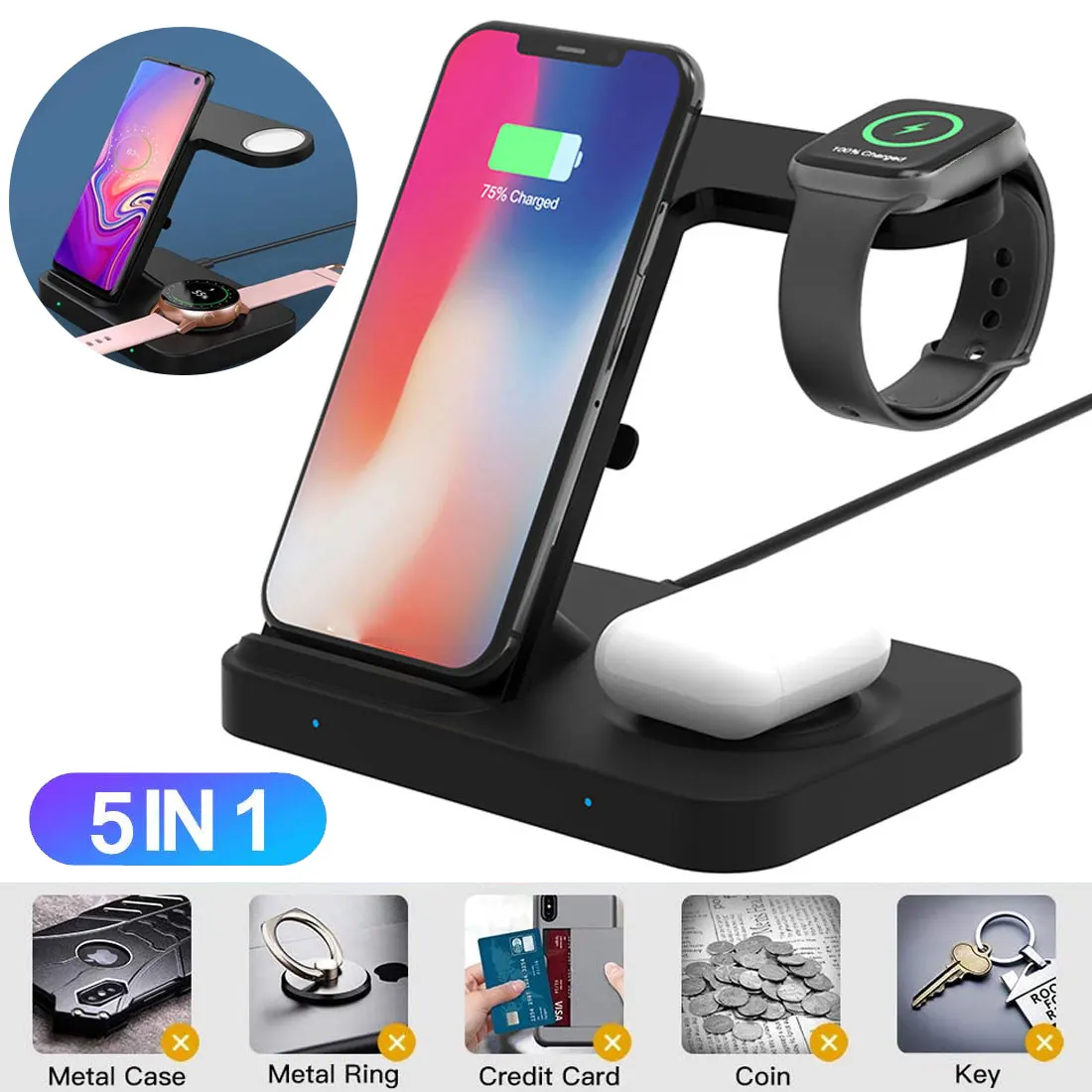 

5 in 1 Wireless Charge Stand 10W Fast Charging Dock Station Triple Spots for Apple Watch, iPhone, Samsung