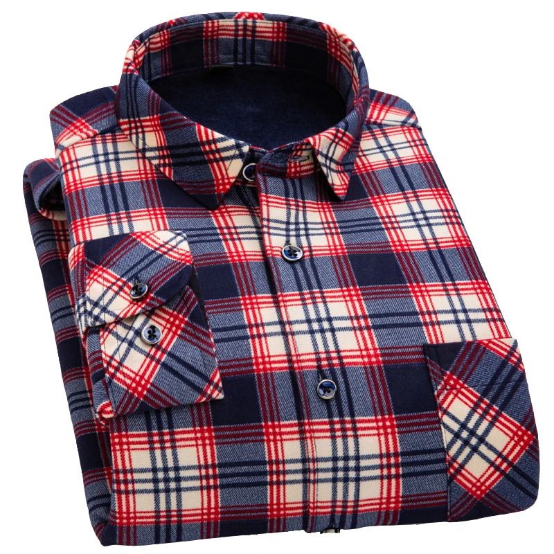 Men's Plaid Long Sleeve Shirt 2020 Autumn Winter Thicken Plus Velvet Warm Fashion Thick Casual / Size 6XL Blouse | Мужская одежда