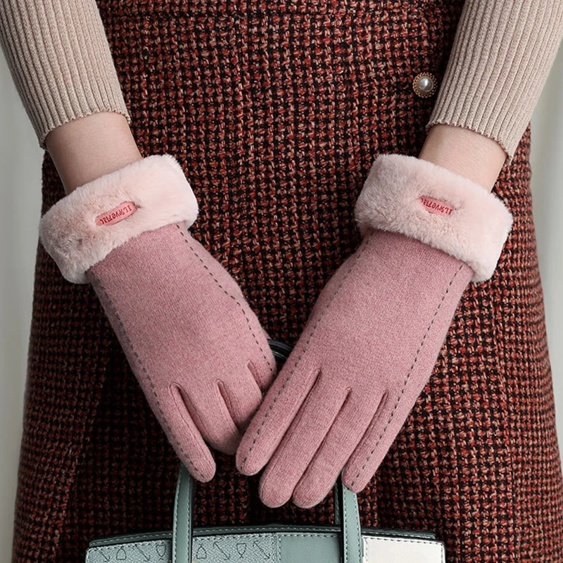 

Женская зимняя обувь для вождения из искусственной шерсти полный палец перчатки с плюшевой подбивкой эмблема с надписью однотонное Цвет ве...