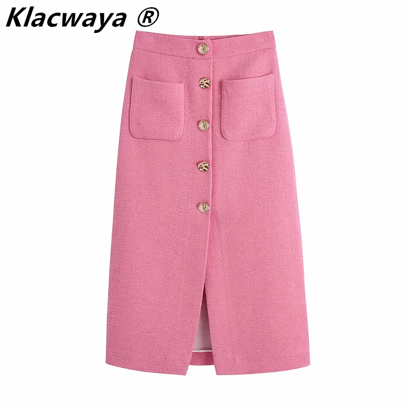 

Klacwaya 2021 Women Midi Skirt Tweed Textured Pink Buttoned Skirt Za Vintage High Waist Front Slit Skirts Chic Back Zip Skirt