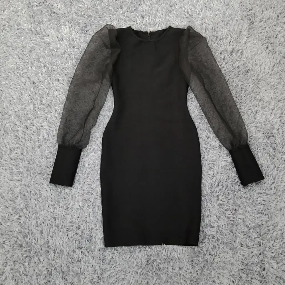 Hot Sale 2020 Sexy Long Sleeve Mesh Bodycon Rayon Black Winter Bandage Dress Designer Fashion Evening Party Vestido | Женская одежда
