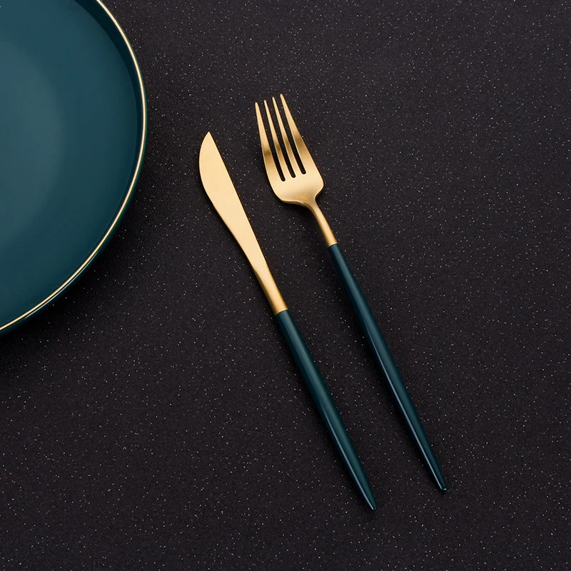 

Golden Tableware Chopsticks Cutlery Green Dessert Fork Tea Spoon Dinner Knife Kitchen Utensils Stainless Steel travel Dinnerware
