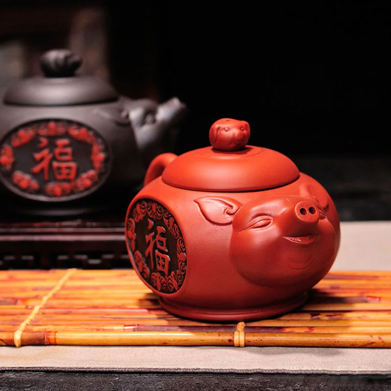 Чайный горшок ручной работы из фиолетовой глины благословение свинья кунг-фу