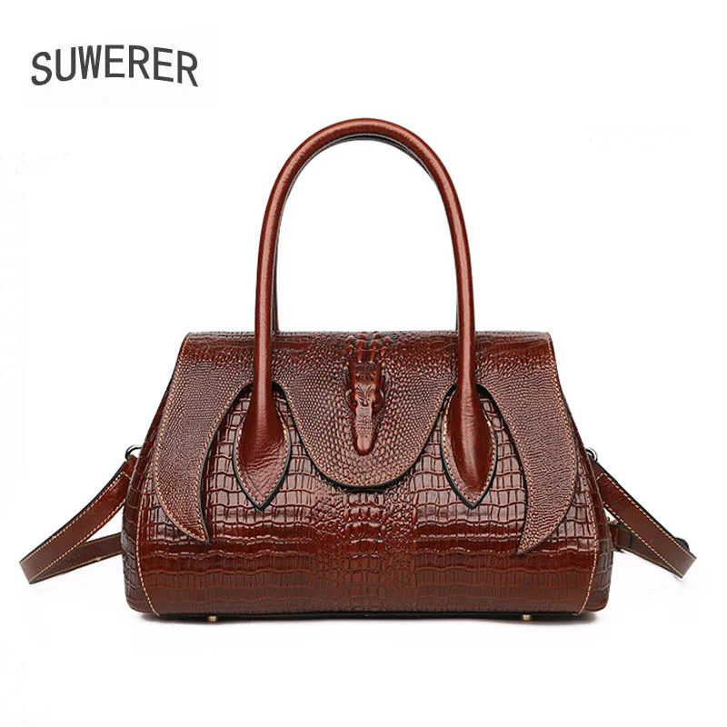 

SUWERER 2020 New Genuine Leather women bag fashion Luxury handbags women famous brand leather bag cowhide Crocodile pattern