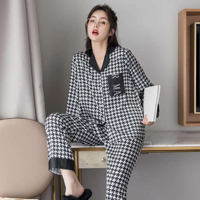 

New Style Summer Viscose Pajamas Women Vs Paragraph Spring and Autumn Long Sleeve Trousers Printed Set Korean-style Ho