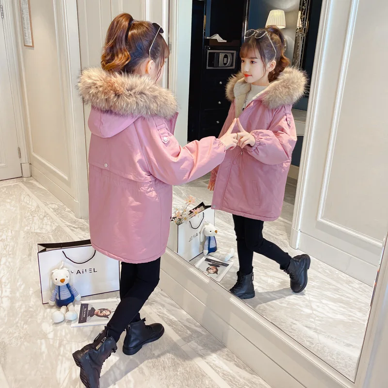 

Зимнее синее и розовое пальто для девочек 2021, подростковые толстые парки с бархатной подкладкой, Детская верхняя одежда, теплая одежда сред...