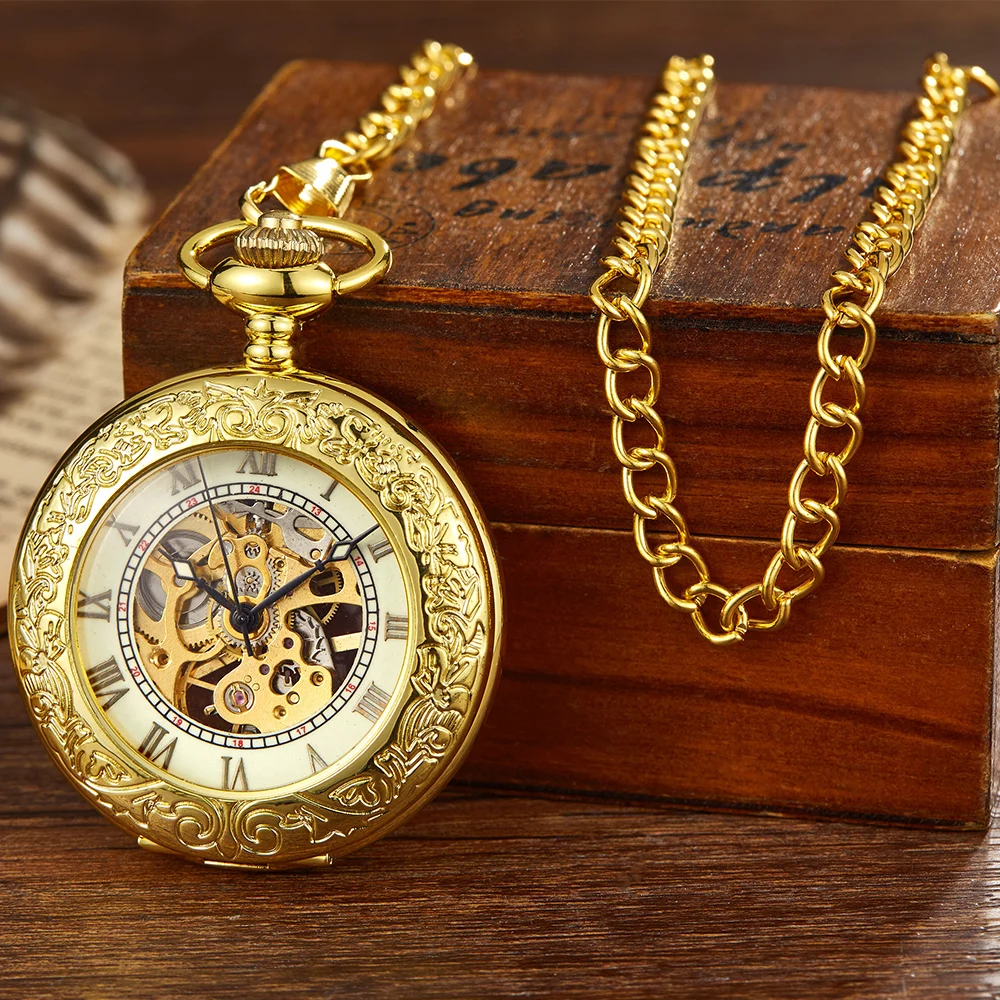 Винтажные карманные часы в стиле стимпанк, старинные золотистые механические мужские часы с гравировкой и подвеской, с функцией подсветки ... от AliExpress WW