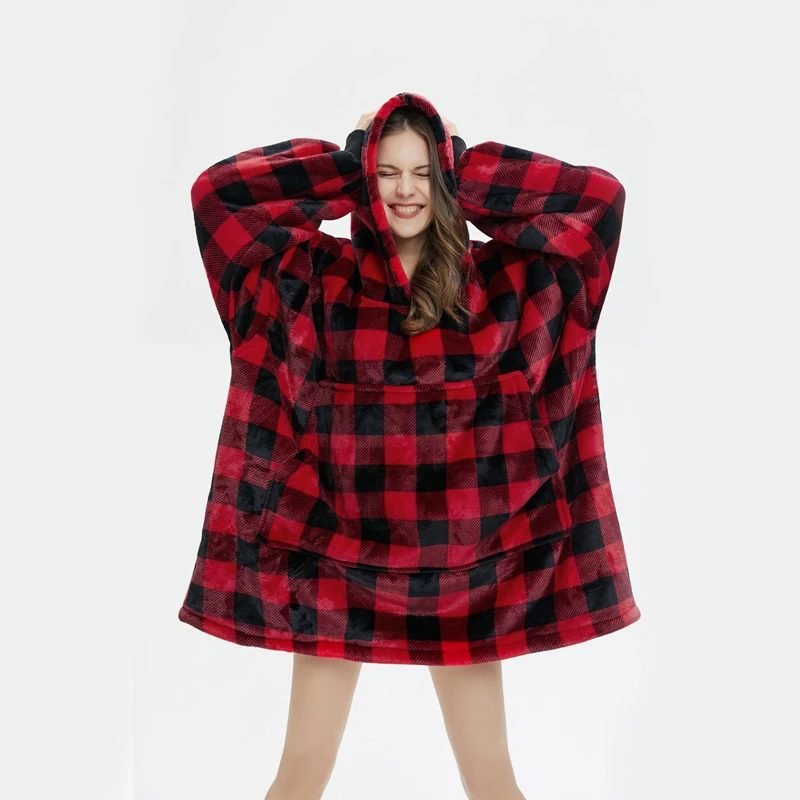 

Thicked Adult Winter Comfortable TV Blanket Wearable Plaid Warm Hoodie Fleece Weighted Lazy Blanket for Home Office Hotel Travel