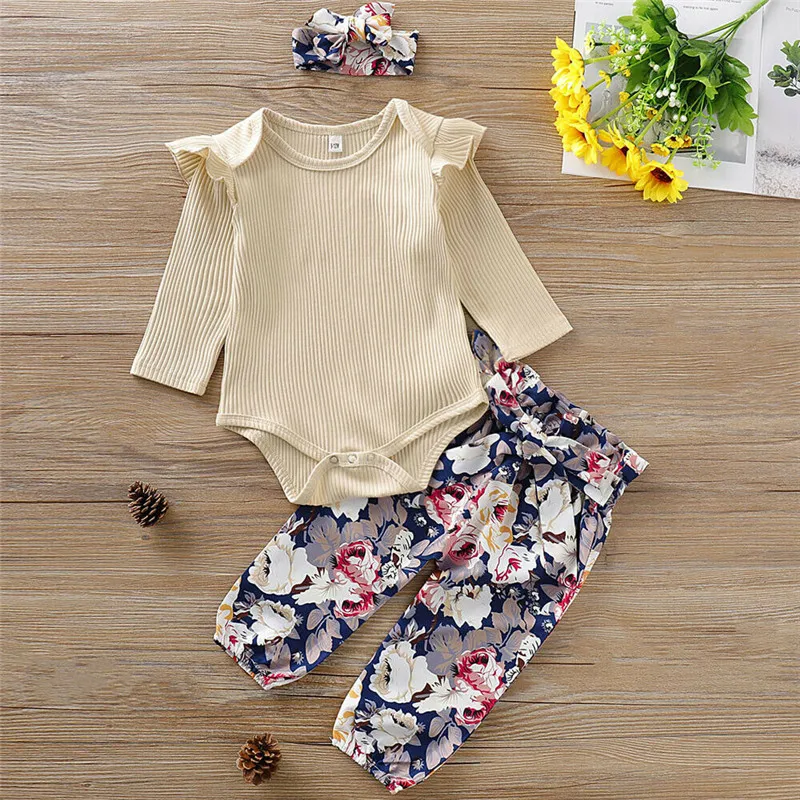 

Toddler Baby Girl Cotton Long Sleeve knitting Bodysuit +Flower Pants +Headband 3pcs Clothes Set