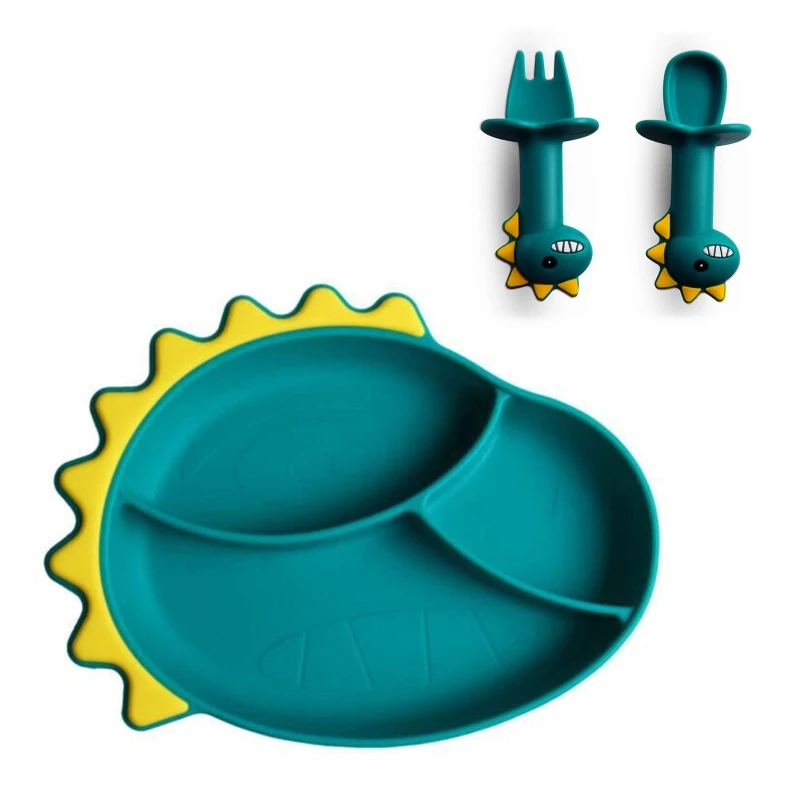 

H05C Baby Training Feeding Food Bowl Spoon Fork Set Anti Slip Cartoon Dinosaur Silicone Suction Divided Plate Tray Utensil