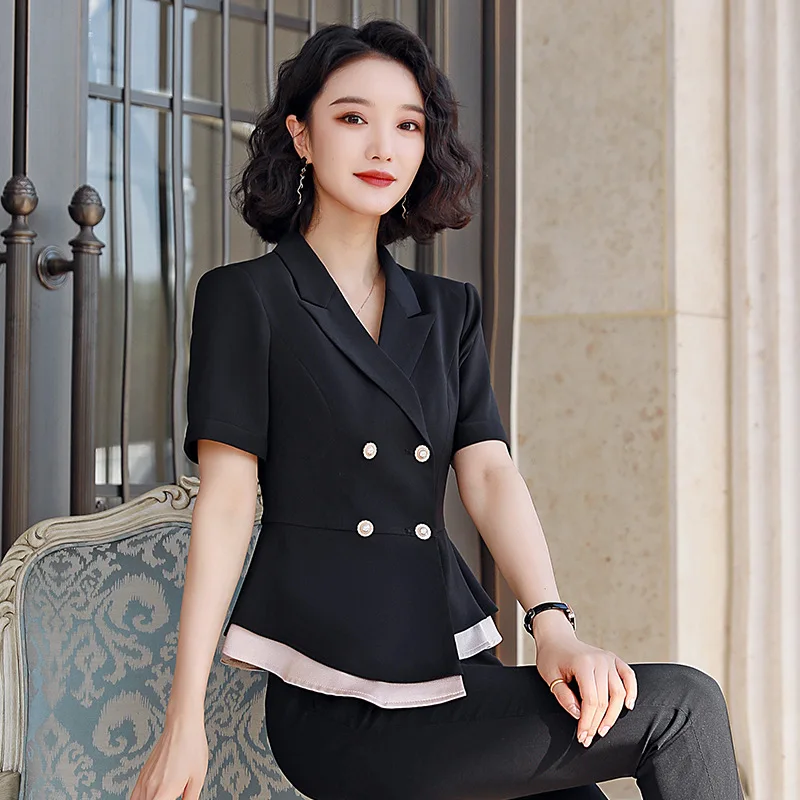 Женский костюм из двух предметов элегантный двубортный жакет с оборками одежда