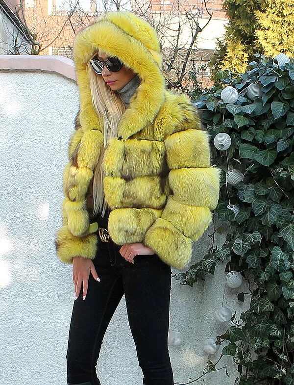 New Women Real Fox Fur Hooded Winter Coats And Jackets Women's Natural Stripe Genuine Fur Outerwear