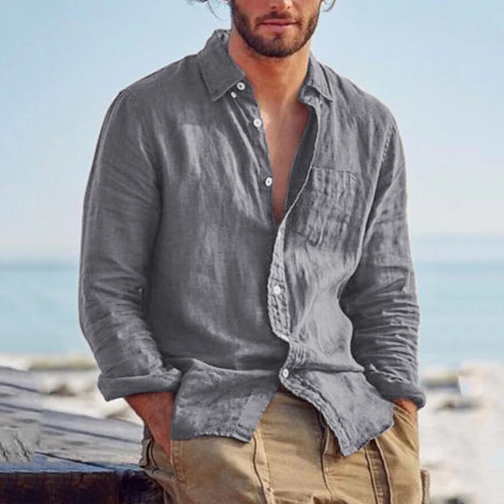 Zogaa Pure color casual lapel cardigan cotton and linen loose casual retro men's shirt