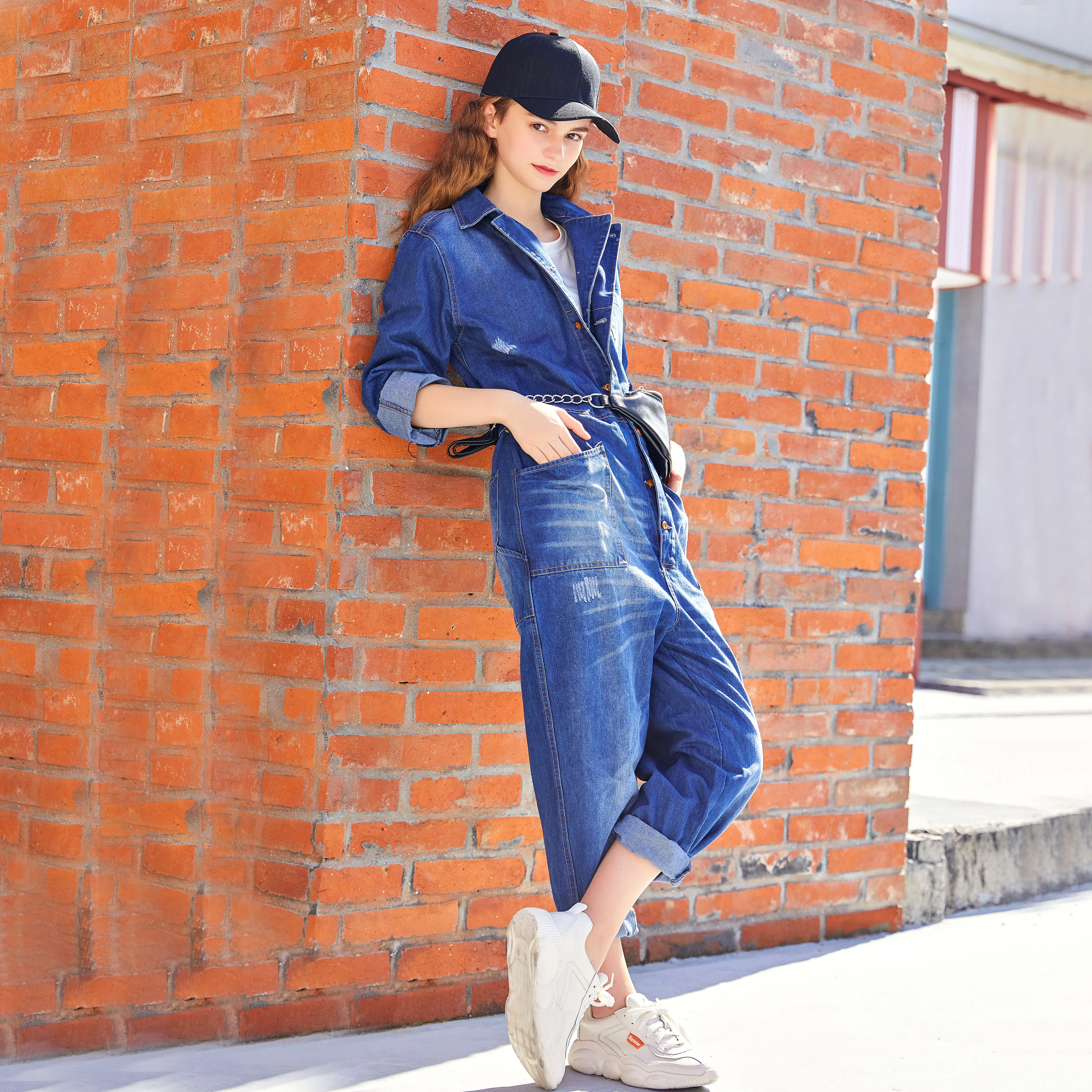 Темно синие уличные джинсовые комбинезоны брюки для женщин 2019 модные