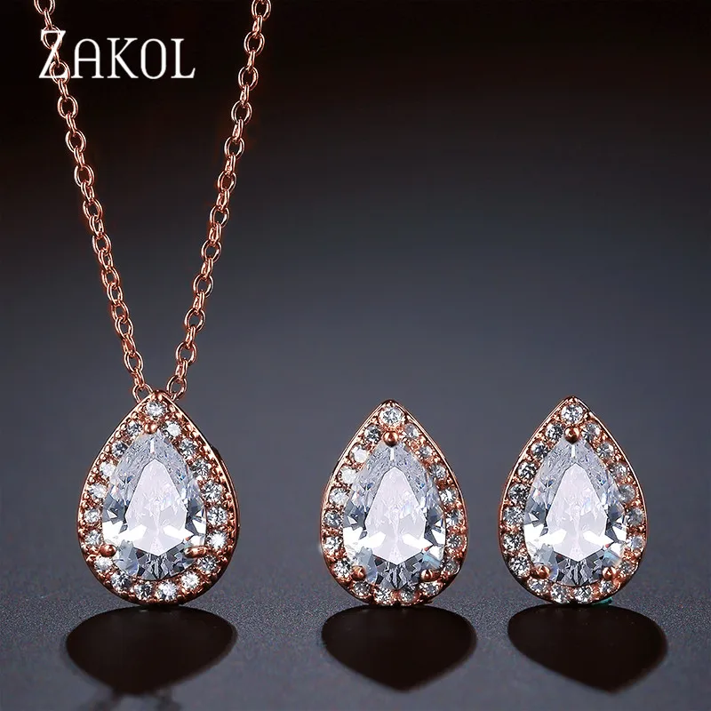 Rose Gold Color ZAKOL нигерийские Ювелирные наборы в виде белых капель воды модные каплевидные кубические циркония ювелирные изделия для женщин подружек невесты Помолвочные FSSP267 - Окраска металла: Rose Gold Color