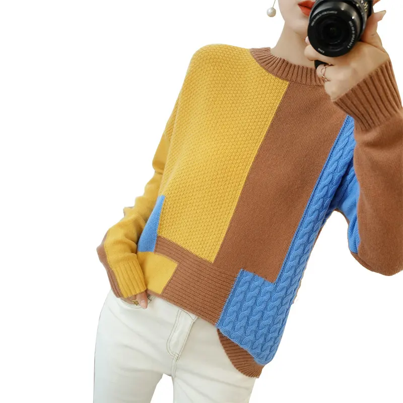 

2021 New Cashmere Sweater Women's O-Neck Color Matching 100% Pure Wool Pullover Fashion Plus Size Warm Knitted Outwear