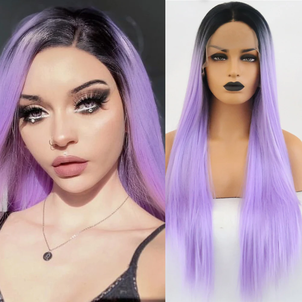

RONGDUOYI Synthetic Lace Front Wigs for Women Long Silky Straight Wig High Temperature Fiber Lace Wigs Ombre Purple Cosplay Wig